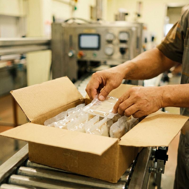 Hands loading finished product into a case on the line