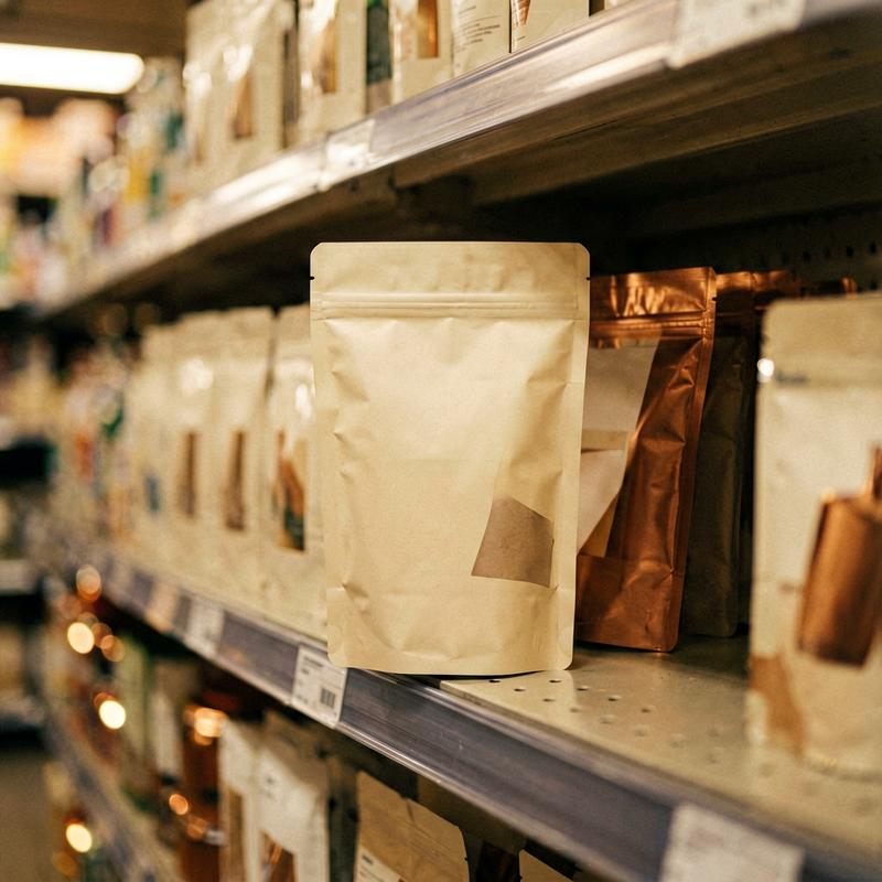 Finished stand-up pouches on a retail shelf